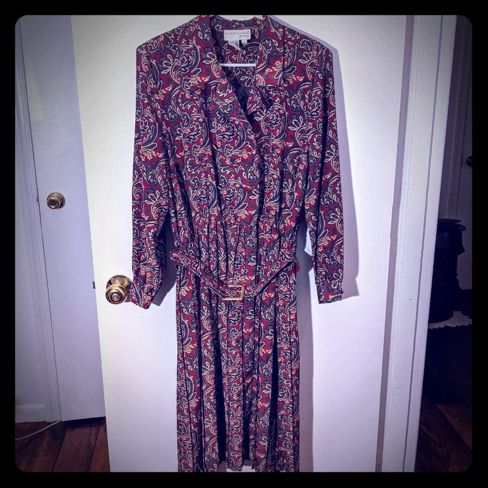 Vintage Paisley Print Dress Belted Long Sleeved